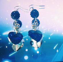 Charger l&#39;image dans la galerie, Sapphire blue glass faceted hearts with matching blue shamballa beads as a dangly set of earrings topped off with silver earring hooks 6.9 cm in length
