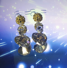 Load image into Gallery viewer, Gold glass faceted hearts with matching gold shamballa beads as a dangly set of earrings topped off with silver earring hooks 6.9 cm in length
