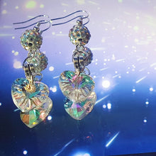 Load image into Gallery viewer, Opalescent glass faceted hearts with matching opalescent shamballa beads as a dangly set of earrings topped off with silver earring hooks 6.9 cm in length
