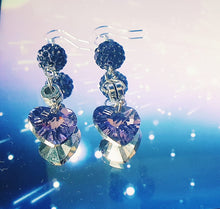 Load image into Gallery viewer, Amethyst Purple glass faceted hearts with matching purple shamballa beads as a dangly set of earrings topped off with silver earring hooks 6.9 cm in length
